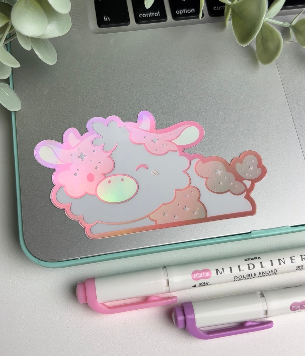 Fluffy Cow Strawberry Holographic Peeker | Vinyl Waterproof Stickers | Durable